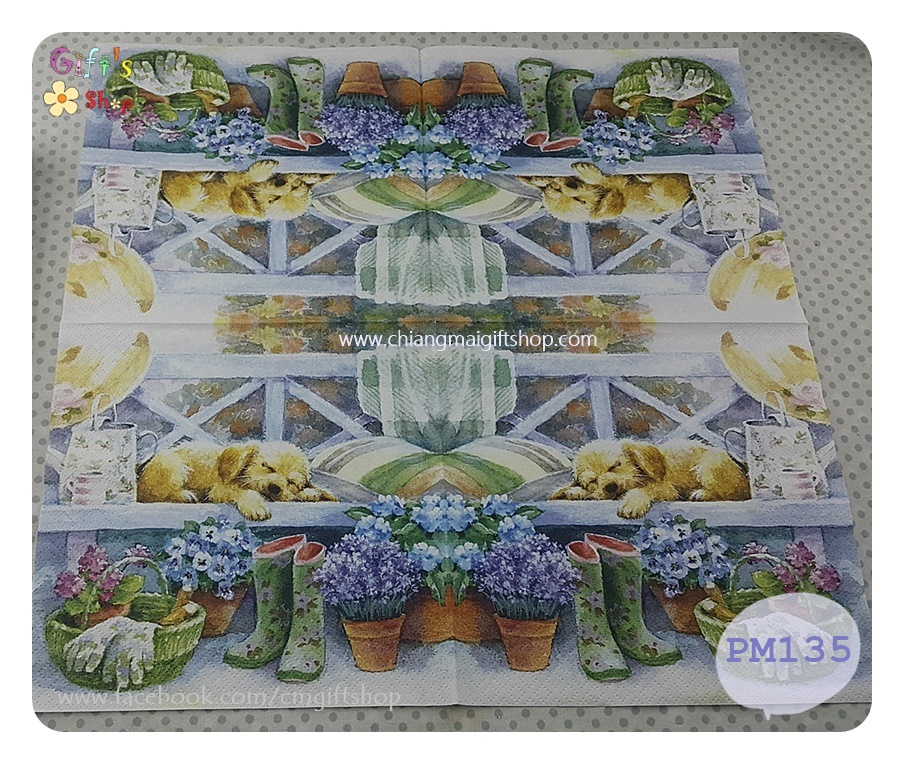 กระดาษแนปกิ้นยุโรป, ลายน้องหมานอนพักผ่อนบนเก้าอี้ในสวน, ลายน้องหมา, ลายมุมพักผ่อน, ลายสวน, ลายรองเท้าบู้ท, ลายกระถางต้นไม้, ลายGardening Break, ลายดอกลาเวนเดอร์, ลายทำสวน