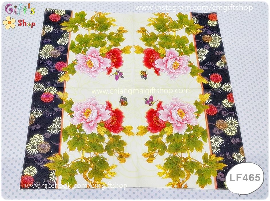 กระดาษแนปกิ้น ลายดอกไม้สีชมพู ดอกไม้สีแดง พื้นหลังสีอ่อน แถบลายดอกสีเข้ม