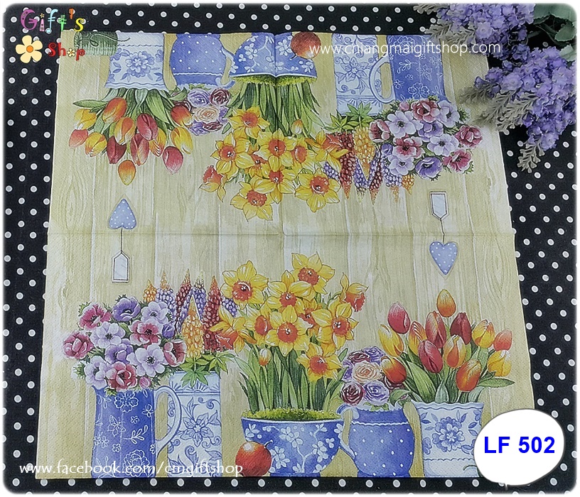 กระดาษแนปกิ้น ลายดอกไม้ในแจกันลายคราม Macetas con Flores Primavera