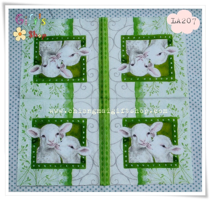 กระดาษแนปกิ้นยุโรป, ลายลูกแกะสองตัว, พื้นหลังสีขาวเขียว, ลายแกะ