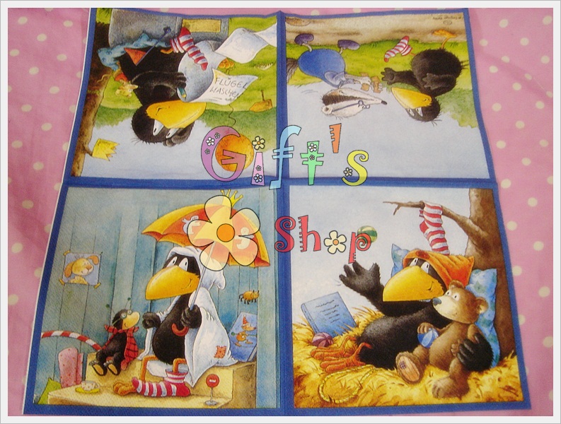 กระดาษแนปกิ้น ลายการ์ตูนอีกา ขอบสีน้ำเงิน