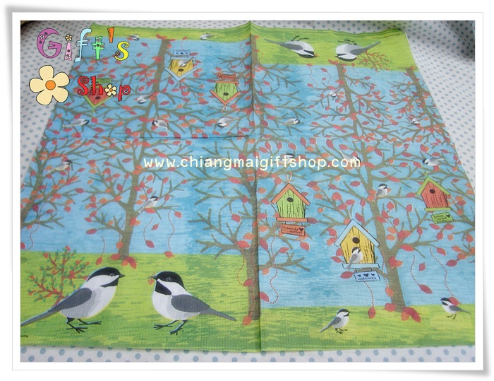 กระดาษแนปกิ้นยุโรป, ลายนก, ลายบ้านนก, ลายต้นไม้ใบไม้สีแดง, พื้นหลังสีฟ้า, ลายนกกับบ้านนก