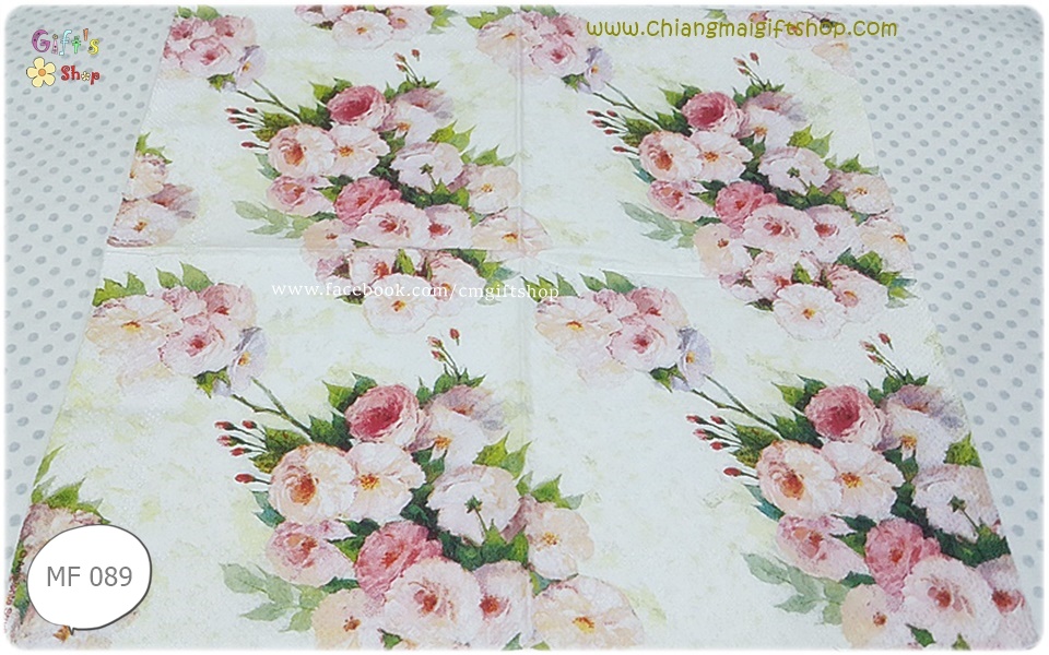 กระดาษแนปกิ้นยุโรป, ลายดอกกุหลาบ, ลายดอกกุหลาบสีชมพู, ลายดอกไม้สีแดง, ลายดอกไม้สีชมพู, ลายช่อดอกไม้สีชมพูมีใบสีเขียว, พื้นหลังสีครีม, Arianna cream