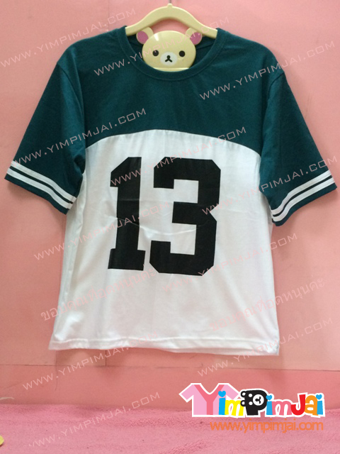 เสื้อฮู้ด เสื้อรุ่น สีขาวล่าง บนเขียว แขนสั้น แถบแขนขาว สกรีนตามสั่ง 13