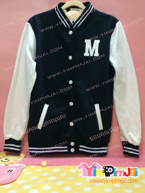 เสื้อกันหนาว เบสบอล สีดำ แขนขาว ลายตามสั่ง M 14