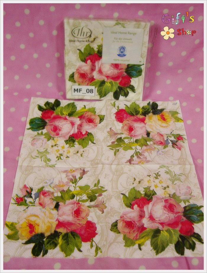 กระดาษแนปกิ้น ลายดอกกุหลาบสีเหลือง ชมพู พื้นหลังลายดอกสีน้ำตาลอ่อน