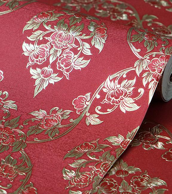 วอลเปเปอร์ติดผนังลายไทย ลายดอกพุดตาน แดง-ทอง RG101-08