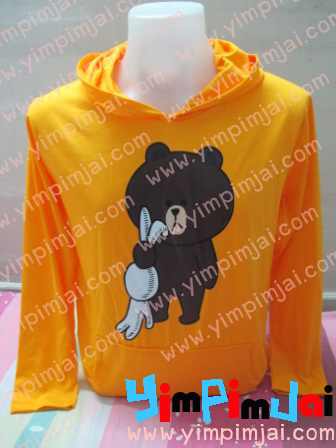 ตัวอย่างเสื้อฮุ้ดสีผ้าเบอร์ 60 สกรีนหมีบราว หมีไลน์