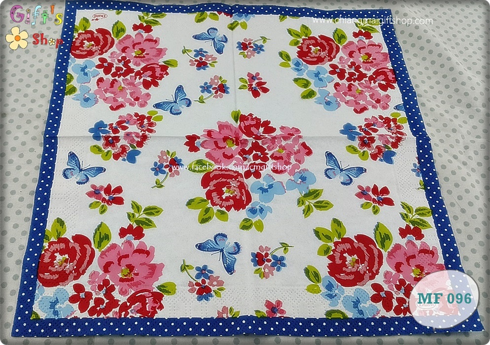 กระดาษแนปกิ้น ลายดอกไม้สีแดง ผีเสื้อสีฟ้า พื้นหลังสีขาว Sweet Roses