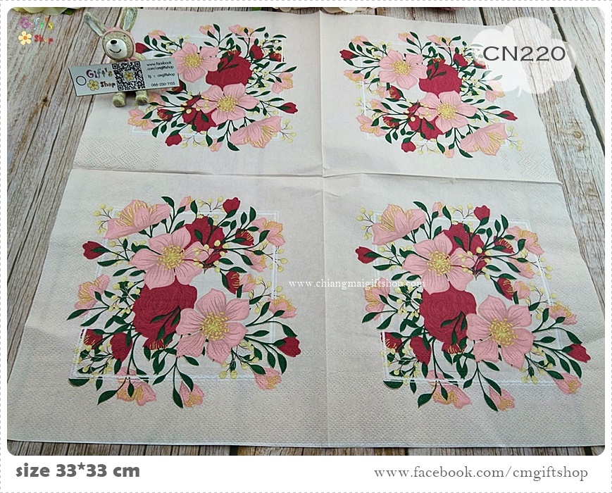 กระดาษแนปกิ้น, ลายดอกช่อดอกไม้, ลายช่อดอกไม้สีแดงสีชมพู, ลายดอกไม้สีแดง, ลายดอกไม้สีชมพู, พื้นหลังสีครีม, พื้นหลังสีอ่อน