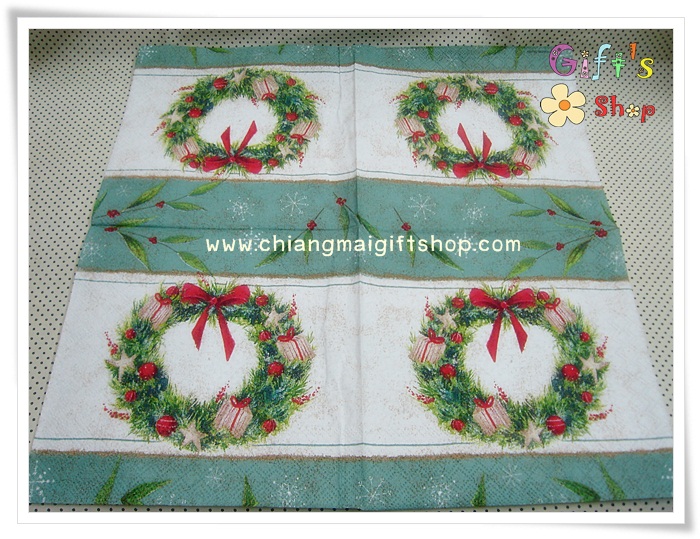 กระดาษแนปกิ้นยุโรป, ลายพวงมิสเซิลโท, ลายลูกฮอลลี่สีแดง, ลายลูกฮอลลี่, พื้นหลังสีครีมแถบเขียว