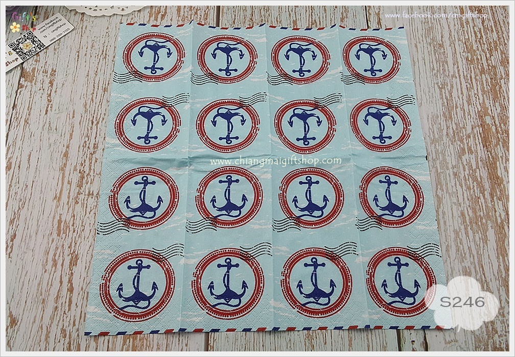 กระดาษแนปกิ้นยุโรป, ลายสมอเรือ, พื้นหลังสีฟ้า, ลายAnchor, ลายแนวทะเล, ลายหทารเรือ