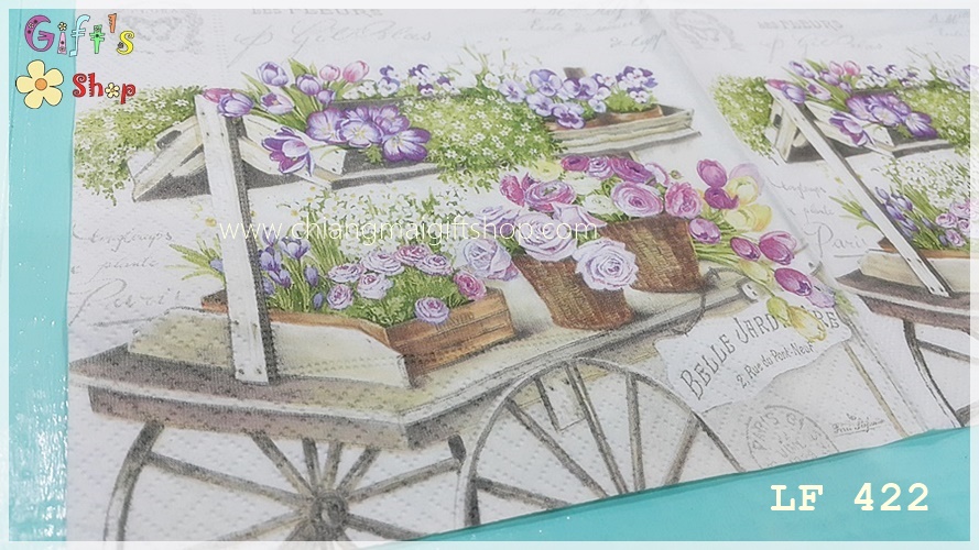 กระดาษแนปกิ้น ลายดอกไม้สีม่วง ลายดอกไม้สีชมพู ลายดอกไม้ในรถเข็น ลายรถเข็นดอกไม้ ลายดอกไม้ในกระบะไม้ พื้นหลังสีขาว