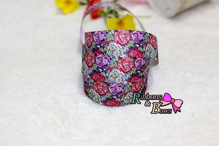 ริบบิ้นผ้าพิมพ์ลาย ดอกไม้ กว้าง 25 mm #BC42