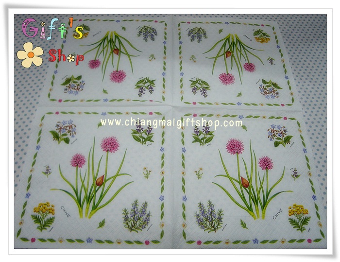 กระดาษแนปกิ้น ลายดอกไม้สีแดง เหลือง ม่วง พื้นหลังสีขาว