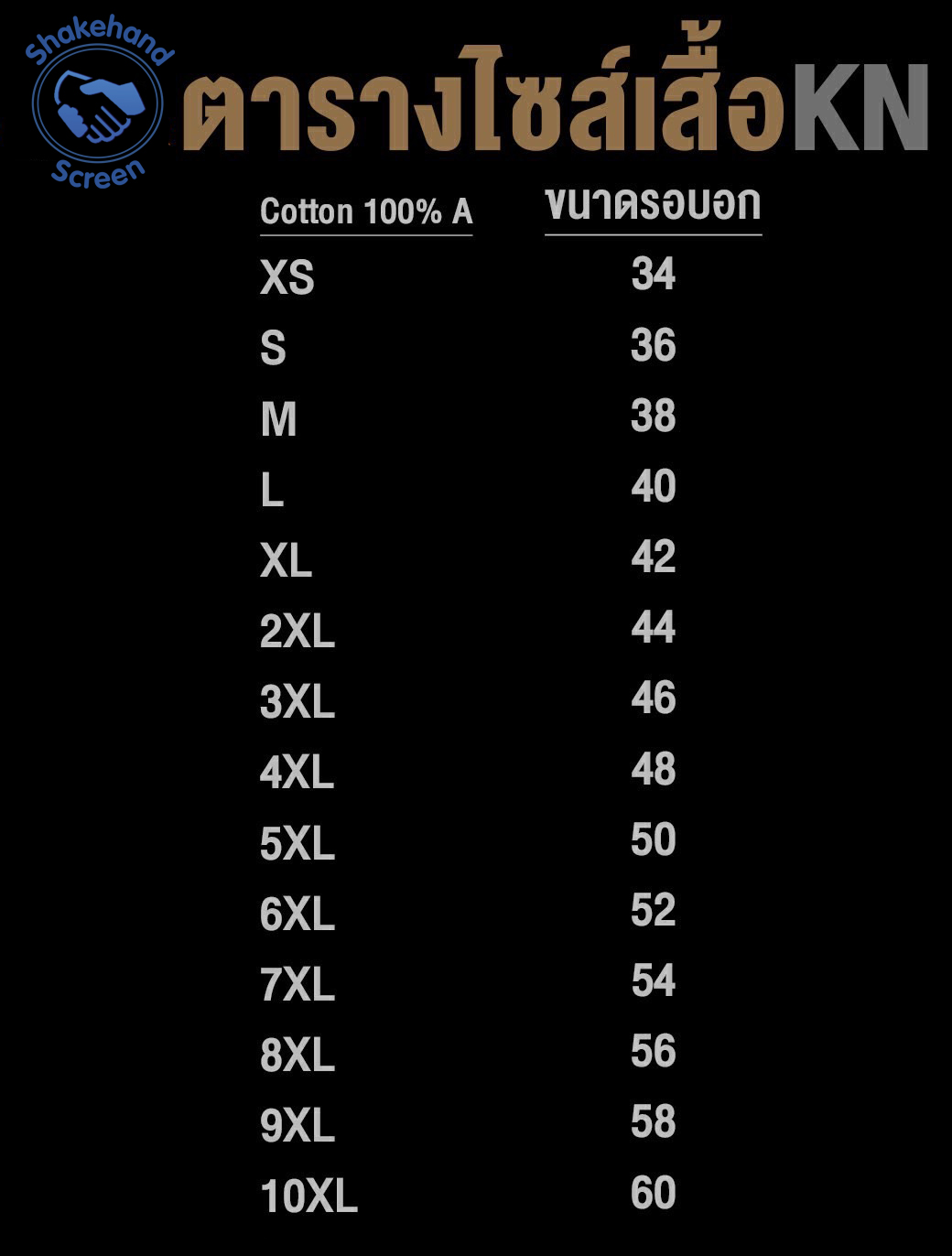 Chart Size เสื้อ Cotton Thai