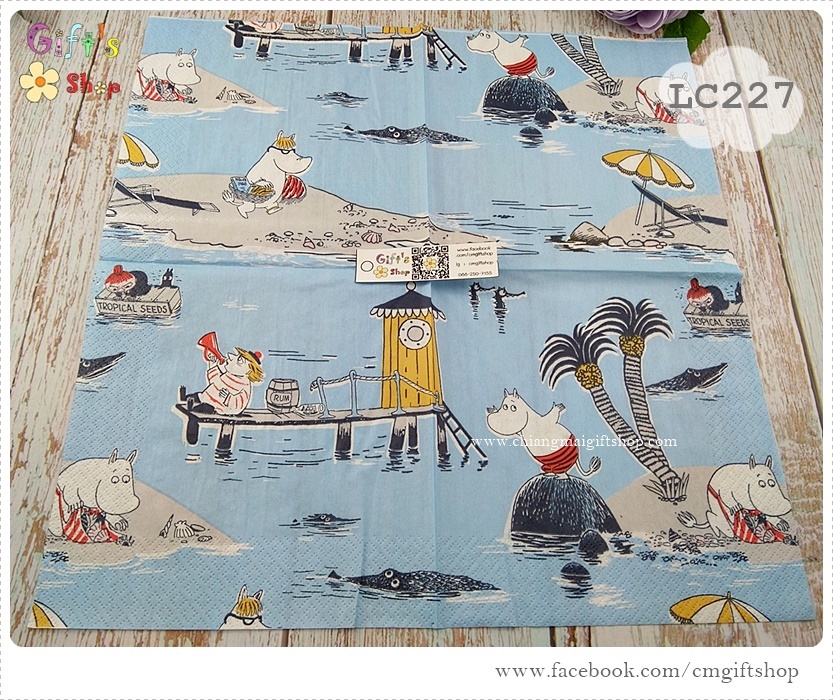 กระดาษแนปกิ้นยุโรป, ลาย Treasure Island blue, ลายของ MOOMIN, ลายมูมิน, ลายเกาะมหาสมบัติของมูมิน, ลายแนวทะเล, พื้นหลังสีอ่อน, ลายเกาะ , พื้นหลังสีฟ้า