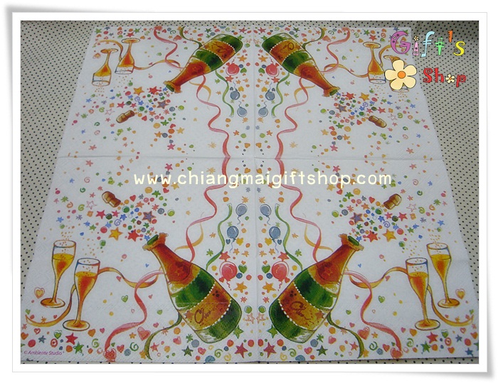 กระดาษแนปกิ้นยุโรป, ลายขวดแชมเปญจ์, ลายเฉลิมฉลอง, ลายเทศกาล, ลายปีใหม่, พื้นหลังสีขาว, ลายแก้ว, ลายแก้วไวน์, ลายแก้วแชมเปญจ์, ลายเครื่องดื่ม