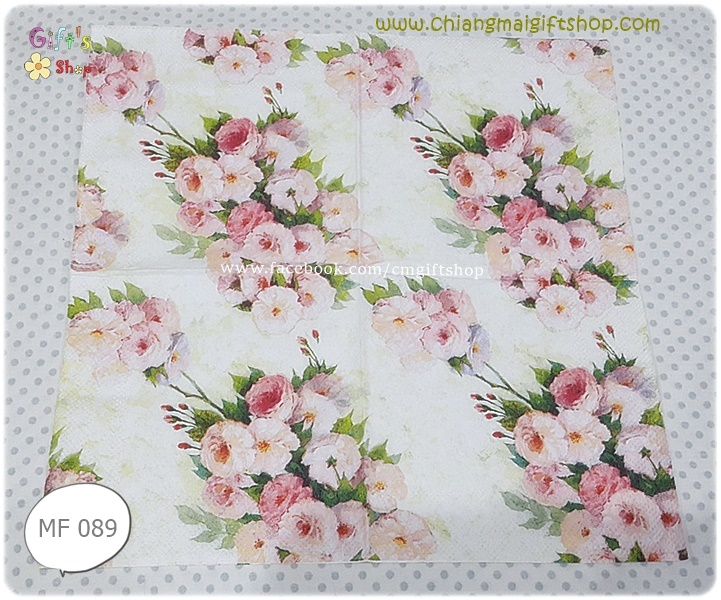 กระดาษแนปกิ้นยุโรป, ลายดอกกุหลาบ, ลายดอกกุหลาบสีชมพู, ลายดอกไม้สีแดง, ลายดอกไม้สีชมพู, ลายช่อดอกไม้สีชมพูมีใบสีเขียว, พื้นหลังสีครีม, Arianna cream