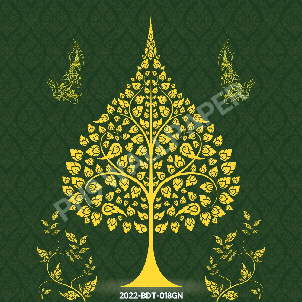 วอลเปเปอร์ติดผนังลายไทย ภาพต้นโพธิ์-เทวดา สีแดง/น้ำเงิน/เขียว/น้ำตาล CV-2023-BDT-018