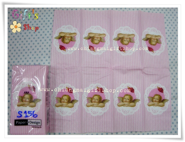 กระดาษแนปกิ้น ลายกามเทพตัวน้อย พื้นหลังสีชมพูขาว