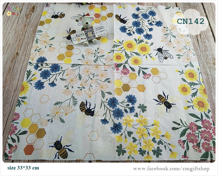 กระดาษแนปกิ้น, ลายดอกไม้กับผึ้ง, ลายผึ้ง, ลายดอกไม้สีเหลือง,ลายดอกไม้สีชมพู, ลายดอกไม้สีฟ้า, ลายดอกไม้หลายแบบ, ลายดอกไม้เล็กๆ, ลายดอกไม้เล็กๆ, ลายเต็มผืน, พื้นหลังสีขาว, พื้นหลังสีอ่อน, ลายช่อดอกไม้,