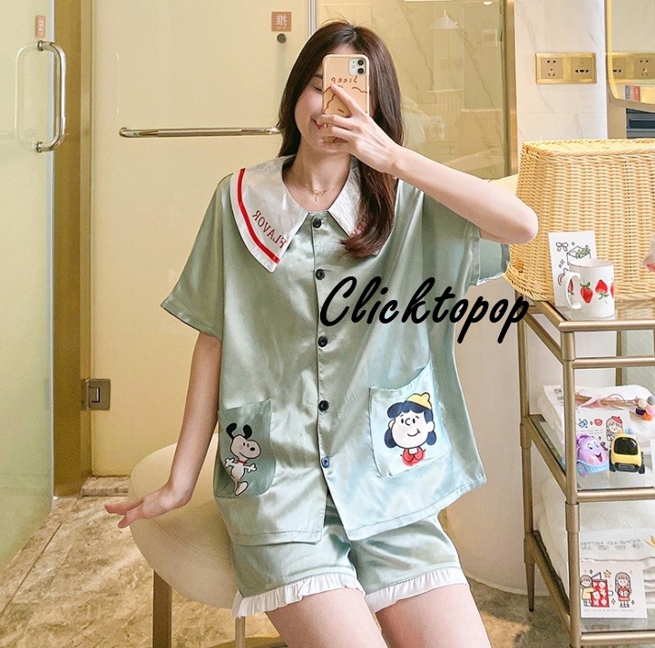 ชุดนอนผ้าซาติน ใส่สบาย เสื้อ+กางเกงขาสั้น เเบบสไตล์เกาหลี น่ารัก