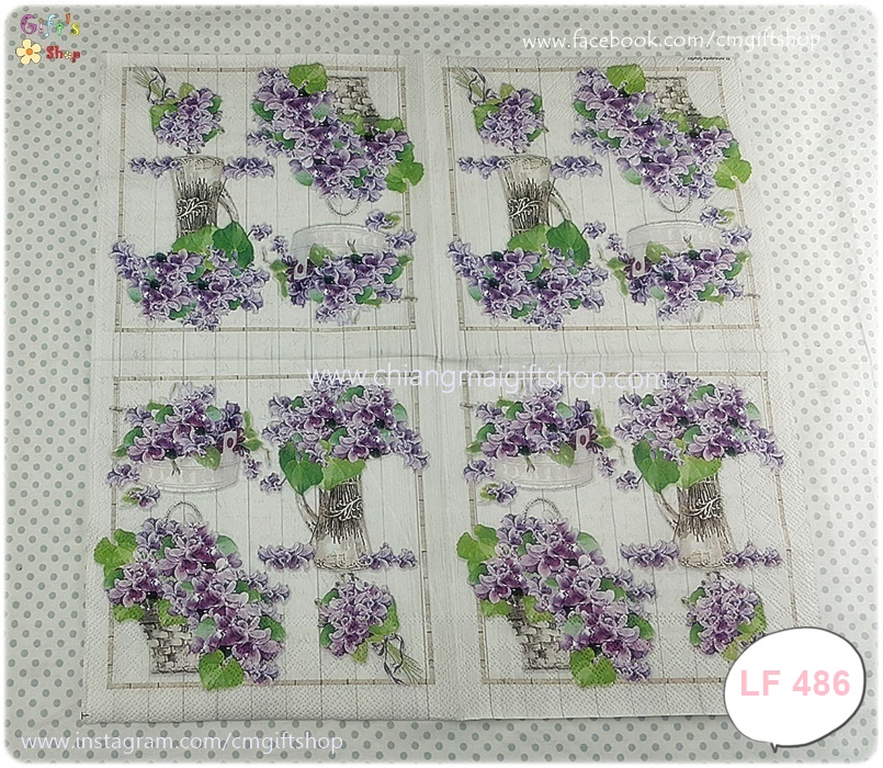 กระดาษแนปกิ้น ลายช่อดอกไม้สีม่วงในแจกัน ในกระถาง ในตะกร้า Purple Bouquets