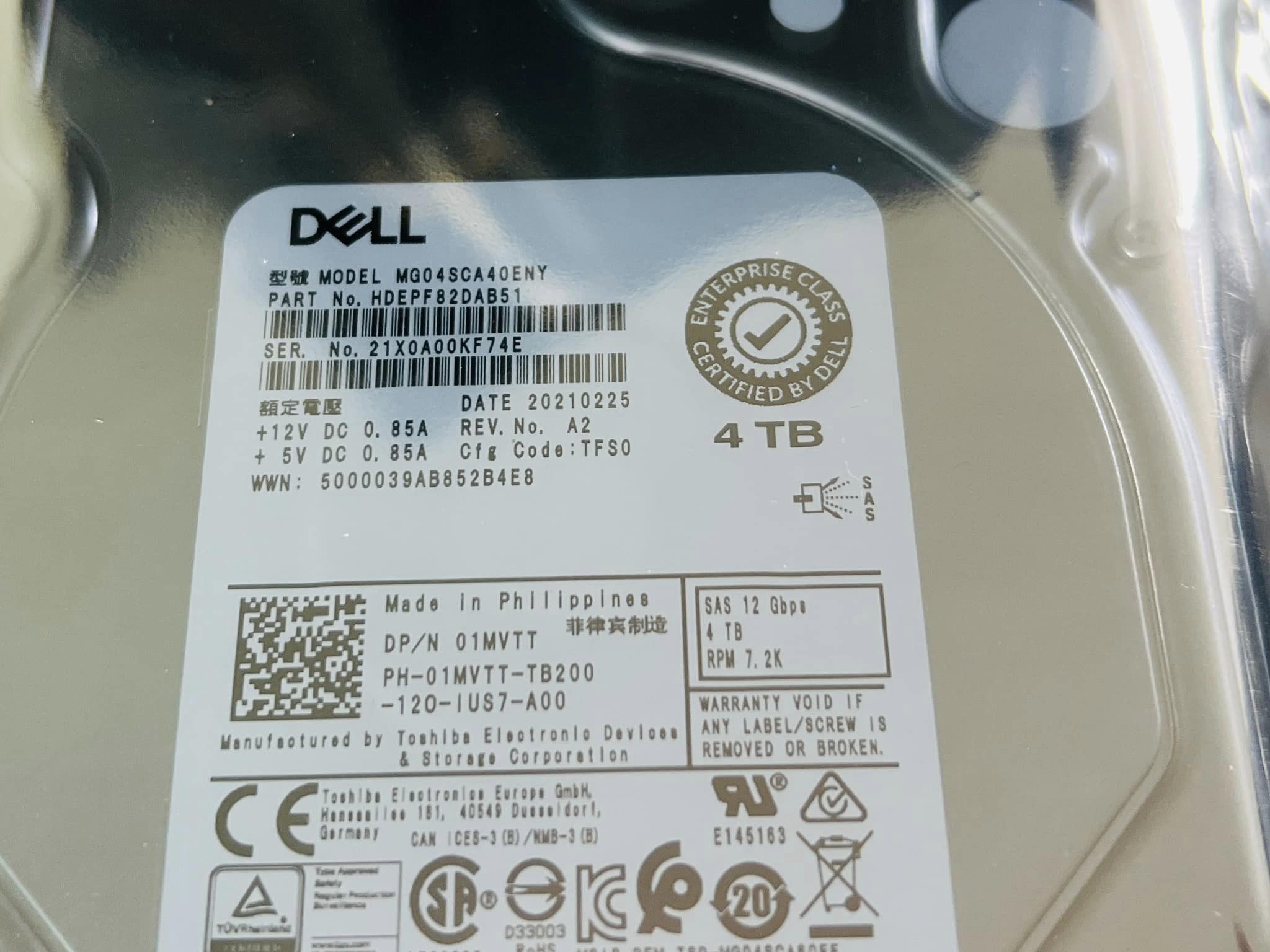 HDD SAS 4TB 7.2K 12Gbps 3.5 นิ้ว dell ฮาร์ดดิสเซิฟเวอร์มือสองพร้อมใช้งาน
