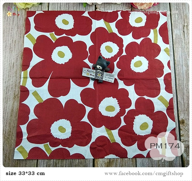 กระดาษแนปกิ้นยุโรป, ลายดอกไม้สีแดงเข้มเกสรสีทอง, ลาย UNIKKO dark red gold, ลายของ marimekko, marimekko, พื้นหลังสีขาว, ลายดอกไม้ใหญ่ๆ