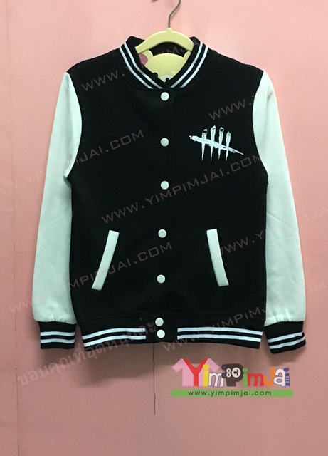 เสื้อกันหนาว เบสบอล สีดำ แขนยาวขาว กระดุมขาว มีกระเป๋า สกรีนตามสั่ง 5 ขีด