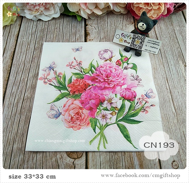 กระดาษแนปกิ้น, ลายดอกไม้สีชมพู, ลายดอกไม้, ลายช่อดอกไม้สีชมพูปลายดอกสีม่วงอ่อน, ลายดอกไม้หลายชนิด, ลายผีเสื้อสีม่วง, พื้นหลังสีขาว, ลายเดียวกับCN018แต่คนละสี, ลายช่อดอกไม้, ลายดอกไม้ใหญ่ๆ