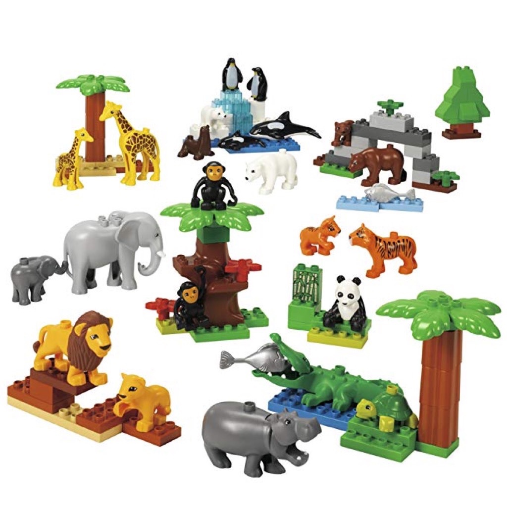 LEGO Duplo 4646268 Wild Animals (9218) New + LEGO Duplo 15"x15" Raised Animal Zoo Green/Yellow/Blue/Gray Base Plate (Plate-Used)