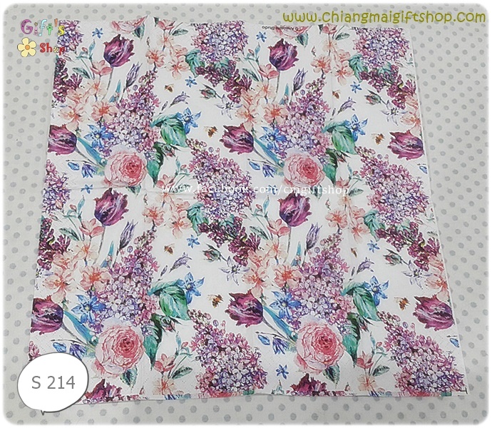 กระดาษแนปกิ้น ลายดอกไม้สีม่วง ชมพู โอลด์โรส สีฟ้า ใบไม้สีเขียว พื้นหลังสีขาว Flower Composotion white
