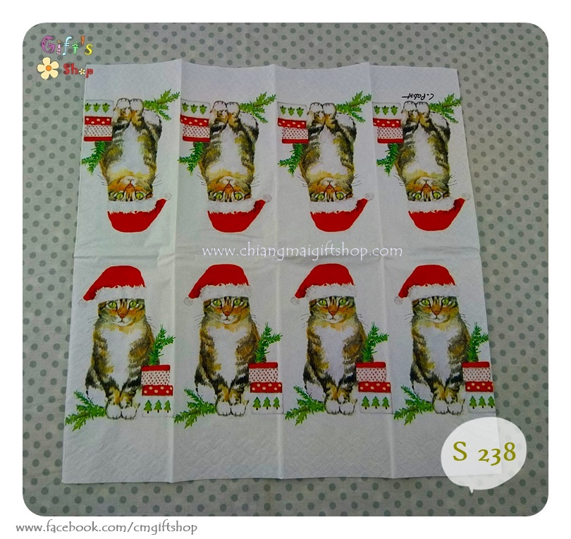 กระดาษแนปกิ้น ลายChristmas Kitty, ลายแมว, ลายแมวคริสต์มาส, ลายน้องแมว, ลายลูกแมว, ลายแมวใส่หมวกซานตาครอส, ลายแมวใส่หมวกสีแดง, ลายกิ่งสน, ลายต้นสน, พื้นหลังสีอ่อน