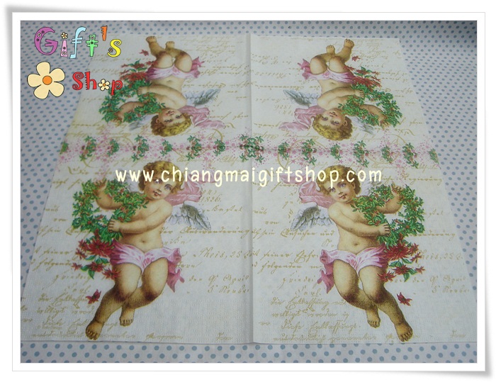 กระดาษแนปกิ้น ลายกามเทพ พื้นหลังสีเหลืองอ่อน ครีม