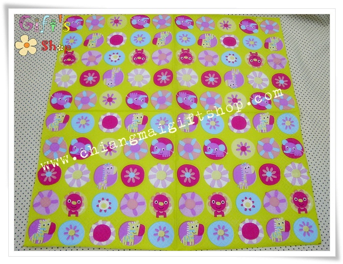 กระดาษแนปกิ้นยุโรป, ลายวงกลมดอกไม้, ลายม้าลาย, ลายสิงโต, ลายสัตว์น่ารัก, ลายยีราฟ, ลายช้าง, พื้นหลังสีเขียวอ่อน, ลายเล็กๆ