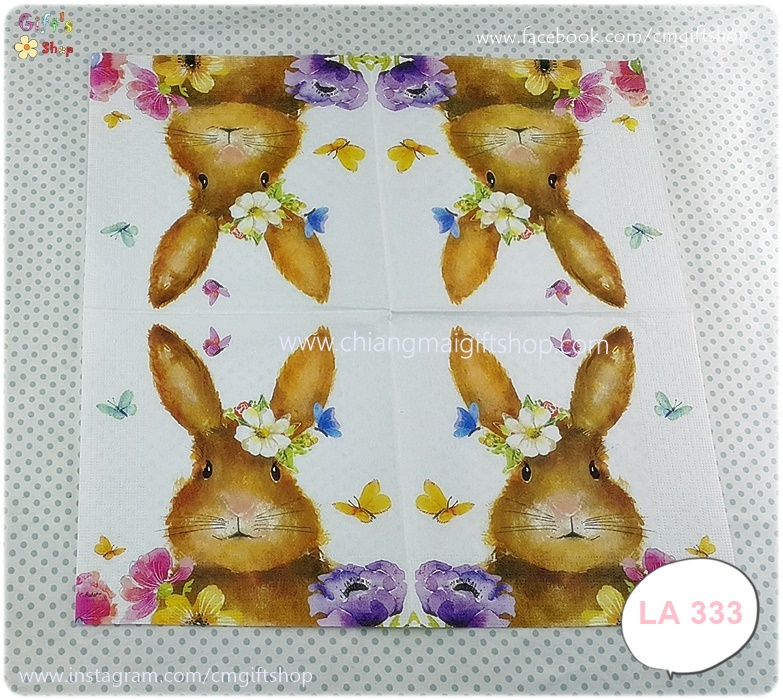 กระดาษแนปกิ้นยุโรป, ลายภาพวาดสีน้ำกระต่ายสีน้ำตาล, ลายผีเสื้อสีเหลือง, ลายดอกไม้สีม่วง, ลายดอกไม้สีชมพู, ลายดอกไม้สีเหลือง, พื้นหลังสีขาว, ลายEASTER BEAUTY, ลายกระต่าย