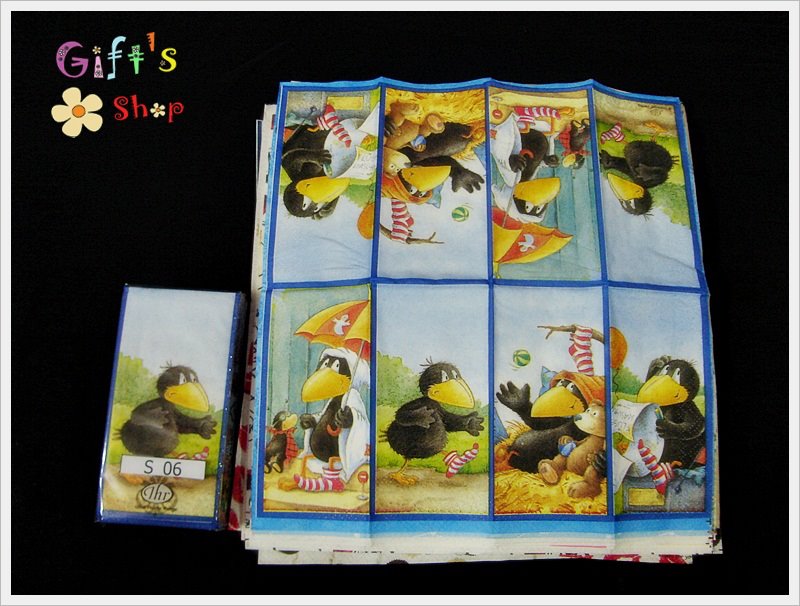 กระดาษแนปกิ้น, ลายอีกาพักร้อน, ลายนก, ขอบสีน้ำเงิน, ลายกา, ลายสัตว์, ลายเล็กๆ