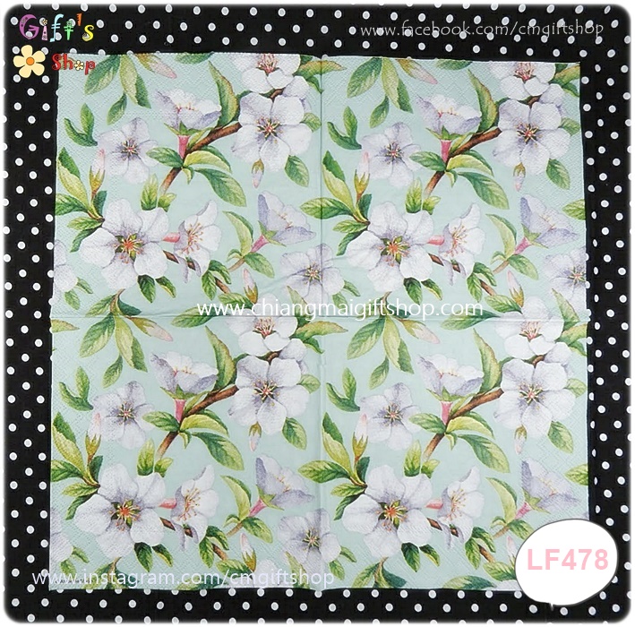 กระดาษแนปกิ้น ลายดอกไม้สีขาว ใบไม้สีเขียว พื้นหลังสีเขียวอ่อน Fleur Green