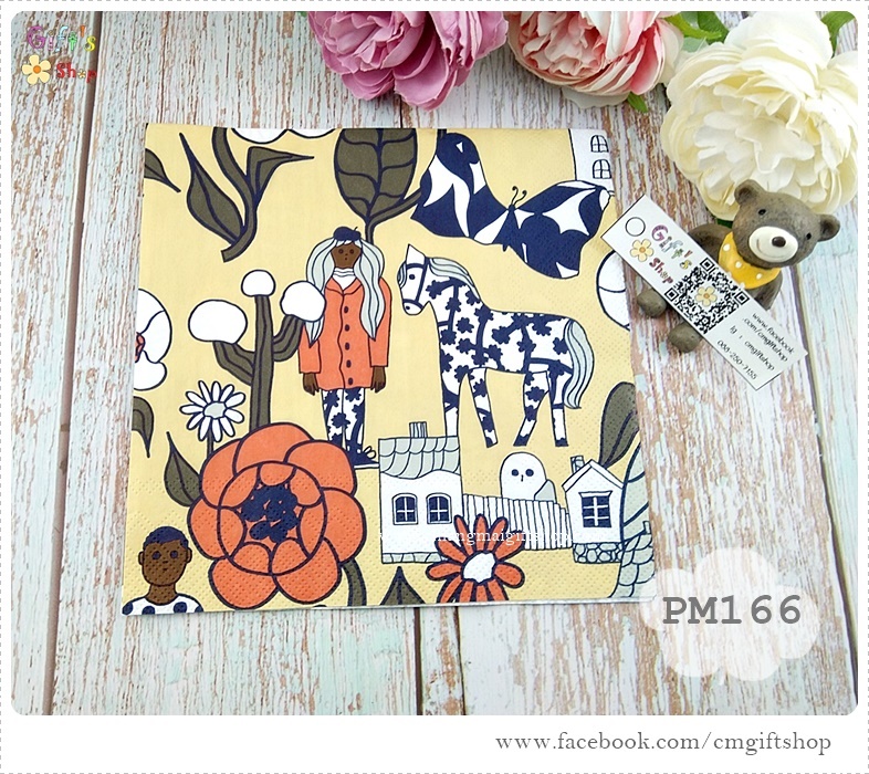 กระดาษแนปกิ้นยุโรป, ลายของ marimekko, ลาย MARIKYLA cream, ลายผู้หญิง, ลายม้า, ลายบ้าน, ลายดอกไม้, พื้นหลังสีครีม