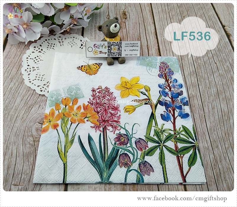 กระดาษแนปกิ้นยุโรป ,ลายดอกไม้หลายชนิด, ลายดอกไม้หลายสี, ลายทุ่งดอกไม้, ลายSpring flowers, ลายดอกไม้กับแสตมป์, ลายดอกไม้สีส้ม, ลายดอกไม้สีแดง, ลายดอกไม้สีเหลือง, ลายดอกไม้สีนำเงิน, ลายผีเสื้อ, พื้นหลังสีขาว
