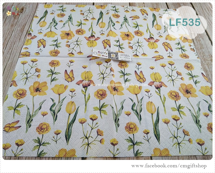 กระดาษแนปกิ้นยุโรป ,ลายดอกไม้สีเหลืองหลายชนิด, ลายYellow Blossoms, ลายดอกไม้โทนสีเหลือง, ลายดอกไม้, ลายดอกไม้สีเหลือง, ลายผีเสื้อ, ลายดอกไม้พื้นหลังสีขาว