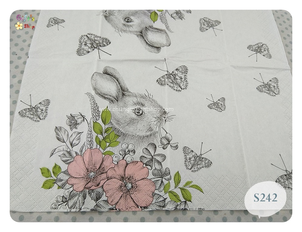 กระดาษแนปกิ้น ลายGraphite Bunny ลายกระต่าย ลายกระต่ายลายเส้นดินสอ ลายกระต่ายกับดอกไม้สีชมพูและผีเสื้อ ลายผีเสื้อ ลายดอกไม้สีชมพู พื้นหลังสีขาว