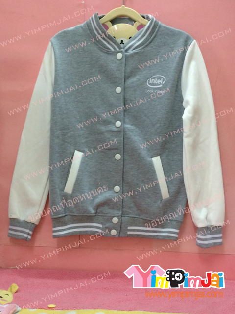 เสื้อกันหนาว เบสบอล สีเทา แขนขาว ลายตามสั่ง Intel I Love Intel