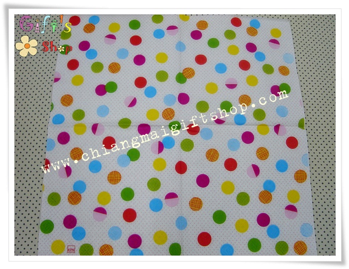 กระดาษแนปกิ้น ลายจุดวงกลมสีฟ้าส้มเหลืองเขียวชมพู พื้นหลังสีขาว