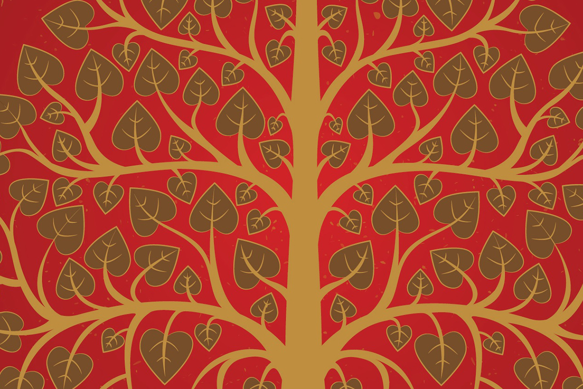 วอลเปเปอร์ภาพพิมพ์ ต้นโพธิ์-เทวดา-พญานาค ดีไซน์ใหม่ล่าสุด สีแดง CV-BDT2025-005RD