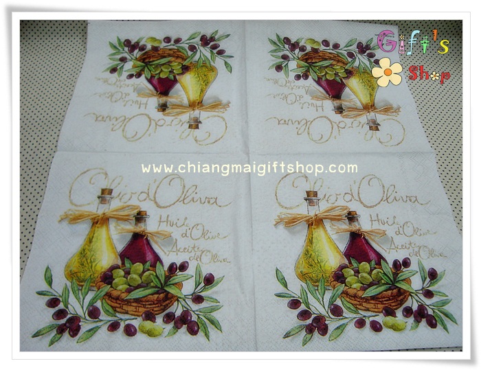 กระดาษแนปกิ้น ลายขวดน้ำมันมะกอก ผลมะกอก พื้นหลังสีขาว