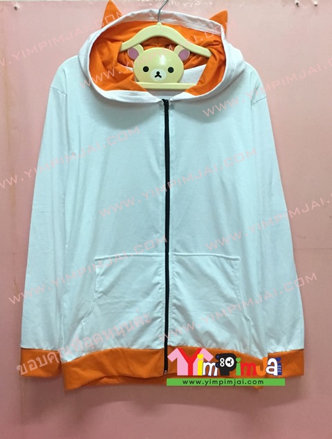 เสื้อฮู้ด เสื้อกันหนาว สีขาว แขนยาว หมวกขาวในแสด ซิปดำ หูแหลม มีประเป๋า สรีนตามสั่ง เสื้อเปล่า
