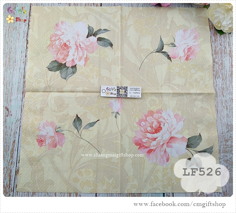 กระดาษแนปกิ้นยุโรป ,ลายดอกไม้สีชมพู, ลายดอกไม้สีหวาน, ลายดอกไม้เดี่ยวๆ, พื้นหลังสีครีม, ลายดอกไม้